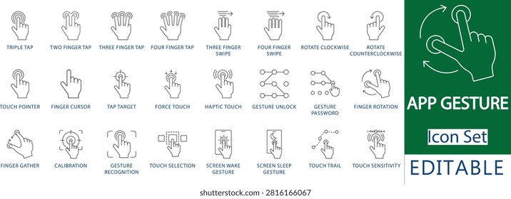 mobile app gesture and touch screen line icon set featuring finger tap, swipe, rotate, haptic touch, gesture unlock, and screen wake interface icons.