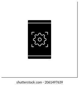 Mobile App-Glyph-Symbol Gesichtserkennungsanwendung. Automatisch biometrische Verifikation.Identitätserkennungskonzept.Ausgefülltes Flachzeichen. Isolierte Silhouette, Vektorgrafik