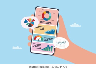 Mobile app graph and chart diagram, investment dashboard for optimization, stock market trading report on smartphone, datum statistics screen, financial data analysis or wealth and profit monitoring.