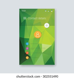 Mobile app graphic user interface. Low poly background. Green polygonal geometric shapes. Modern material design layout. Eps10 vector illustration.