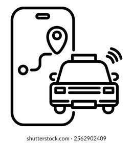 A mobile app for hail ride service booking, symbolizing convenient transportation and on-demand rides round line vector icon with editable stroke