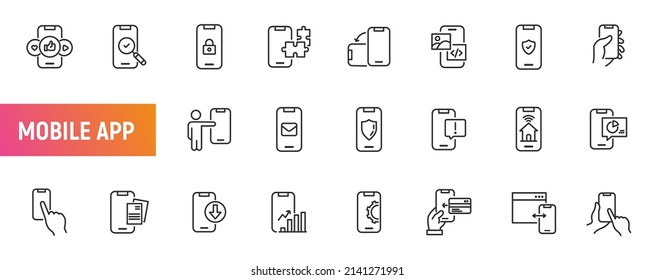 Icono de la línea de teléfono de retención de la mano de la aplicación móvil. Plantilla de pantalla de diseño de conjunto de aplicaciones digitales para dispositivos de teléfono inteligente delgado