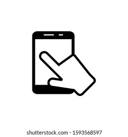 mobile app, hand touch smartphone icon, touchscreen icon in black flat design on white background