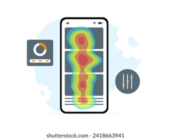 Mobile App Heatmap. Visualize user interactions within the app. Website SEO heat map analytics tool concept. Analyze finger movements and eye tracking heatmap for client behavior mobile devices