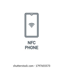 icono de la aplicación móvil pago sin contacto teléfono inteligente NFC a través del banner de terminal POS aislado en blanco. símbolo de esquema de método de pago. Icono de compra de pago bancario. Terminal de elemento de calidad con Stroke modificable