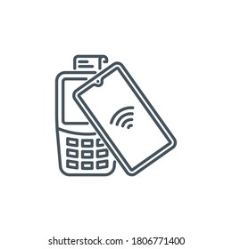 mobile app icon contactless payment NFC smartphone via POS terminal banner isolated on white. payment method outline symbol. Acquiring bank payment icon. Quality element terminal with editable Stroke
