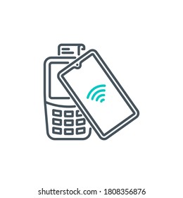 mobile app icon contactless payment NFC smartphone via POS terminal banner isolated on white. payment method outline symbol. Acquiring bank payment icon. Quality element terminal with editable Stroke