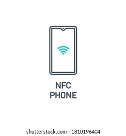 mobile app Icon kontaktlose Zahlung NFC Smartphone über POS Terminal Banner einzeln auf weiß. Umrisssymbol der Zahlungsmethode. Das Symbol für Banküberweisungen erwerben. Terminal für Qualitätselemente mit bearbeitbarem Stroke