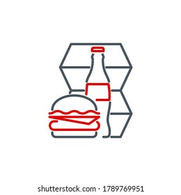 mobile app icon hot hamburger cheeseburger with soda in a glass bottle isolated on white. outline app symbol takeaway fast food. Quality icon element cola with hot sandwich burger with editable Stroke
