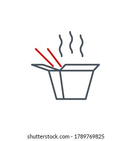 mobile app icon hot wok noodles in paper box delivery service isolated on white. outline app symbol takeaway fast food. Quality icon element take away wok noodles and chopsticks with editable Stroke