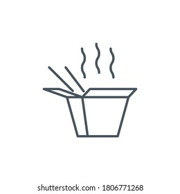 icono de aplicación móvil noodles de trabajo caliente en servicio de entrega de caja de papel aislado en blanco. símbolo de aplicación de esquema comida rápida para llevar. Icono de calidad quitar fideos de wok y palillos con Stroke editable