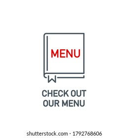 mobile app icon menu for online order and food delivery banner isolated on white. outline app symbol menu book. Quality element smartphone application with editable Stroke