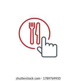 icono de aplicación móvil en línea pedido y banner de entrega de comida aislado en fondo blanco. símbolo de aplicación de esquema orden de alimentos mano del cursor con cuchillo y tenedor. Elemento de calidad seleccionar nutrición con Stroke modificable