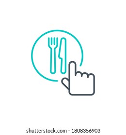 mobile app icon online order and food delivery banner isolated on white background. outline app symbol food order cursor hand with knife and fork. Quality element select nutrition with editable Stroke