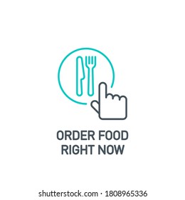 mobile app icon online order and food delivery banner isolated on white background. outline app symbol food order cursor hand with knife and fork. Quality element select nutrition with editable Stroke