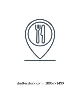 mobile app icon public catering point isolated on white. outline app symbol restaurant address location. Pointer cursor with knife fork and spoon for map Quality design element with editable Stroke