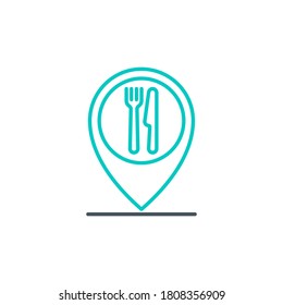mobile app icon public catering point isolated on white. outline app symbol restaurant address location. Pointer cursor with knife fork and spoon for map Quality design element with editable Stroke