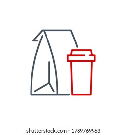 mobile app icon set food in a paper bag and a drink in a cup isolated on white. outline app icon symbol paper bag, cup with coffee, soda or cocktail. fast food Quality element with editable Stroke