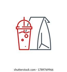 mobile app icon set food in a paper bag and a drink in a cup isolated on white. outline app icon symbol paper bag, cup with coffee, soda or cocktail. fast food Quality element with editable Stroke