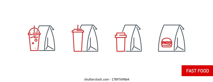 mobile app icon set online order and food delivery banner isolated on white. outline app symbols fast food: paper bag cup with coffee, cup with soda and cocktail. Quality elements with editable Stroke