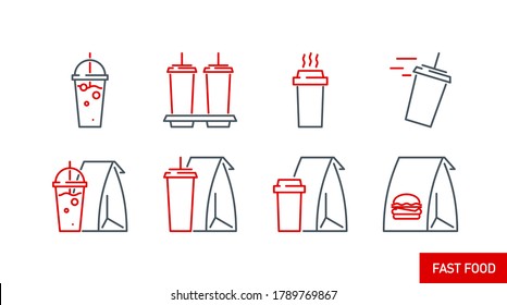 Mobile App Icon Set Online Order And Food Delivery Banner Isolated On White. Outline App Symbols Fast Food: Paper Bag Cup With Coffee, Cup With Soda And Cocktail. Quality Elements With Editable Stroke