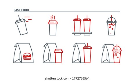 mobile app icon set online order and food delivery banner isolated on white. outline app symbols fast food: paper bag cup with coffee, cup with soda and cocktail. Quality elements with editable Stroke