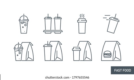 mobile app icon set online order and food delivery banner isolated on white. outline app symbols fast food: paper bag cup with coffee, cup with soda and cocktail. Quality elements with editable Stroke