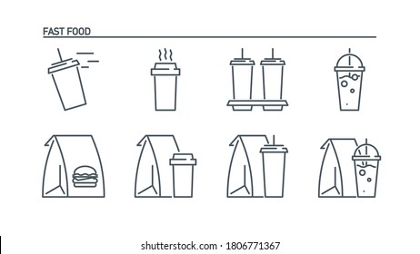 mobile app icon set online order and food delivery banner isolated on white. outline app symbols fast food: paper bag cup with coffee, cup with soda and cocktail. Quality elements with editable Stroke