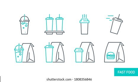 mobile app icon set online order and food delivery banner isolated on white. outline app symbols fast food: paper bag cup with coffee, cup with soda and cocktail. Quality elements with editable Stroke