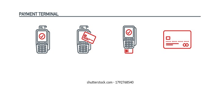 mobile app icons set contactless payment by credit debit card via the bank terminal banner isolated on white. outline payment method symbols. Quality elements Acquiring payment with editable Stroke