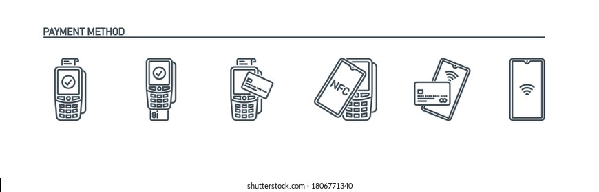 mobile app icons set contactless payment credit card or NFC smartphone via POS terminal banner isolated on white. payment method outline symbols. Acquiring payment Quality element with editable Stroke
