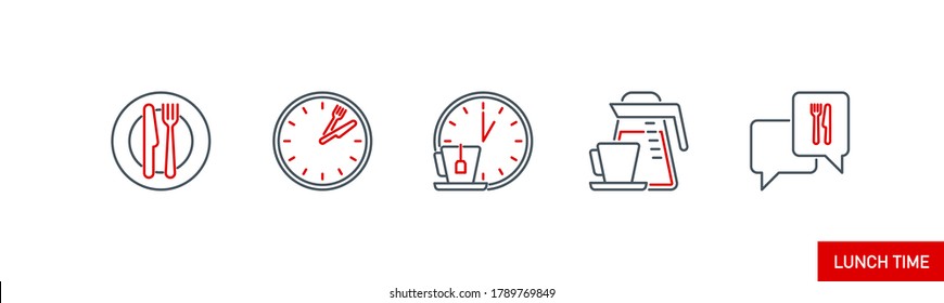 mobile app icons set food banner isolated on white. outline app symbols lunch break. Quality elements plate, cutlery: fork and knife, clock, kettle, coffee pot, cup, speech bubble with editable Stroke