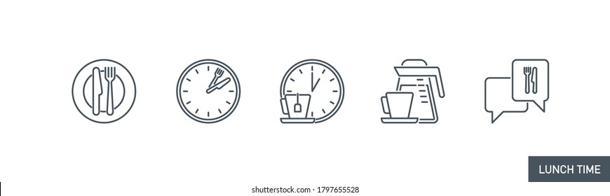 mobile App-Symbole setzen Lebensmittelbanner einzeln auf weiß. Umrisse von App-Symbolen für Mittagspause. Platte für Qualitätselemente, Besteck: Gabel und Messer, Uhr, Wasserkocher, Kaffeekanne, Tasse, Sprechblase mit essbarem Stroke