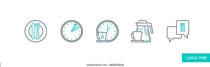 mobile app icons set food banner isolated on white. outline app symbols lunch break. Quality elements plate, cutlery: fork and knife, clock, kettle, coffee pot, cup, speech bubble with editable Stroke