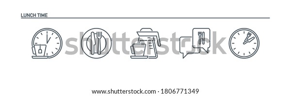 mobile app icons set food banner isolated on\
white. outline app symbols lunch break. Quality elements plate,\
cutlery: fork and knife, clock, kettle, coffee pot, cup, speech\
bubble with editable\
Stroke