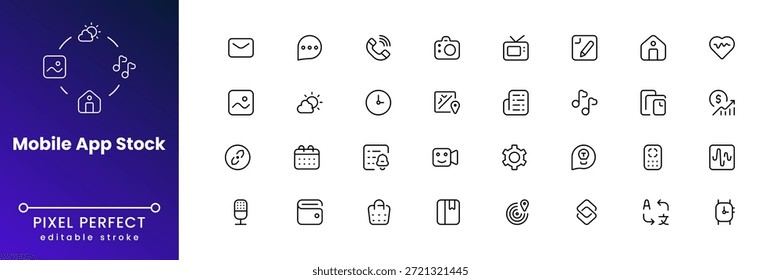 Conjunto de iconos de App móvil con símbolos de interfaz de usuario modernos, Elementos de interfaz de Vector limpio para aplicaciones de teléfonos inteligentes, plataformas de Web, paneles y diseño UX.