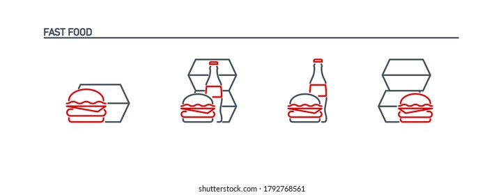 mobile app icons set online order and food delivery banner isolated on white. outline app symbols fast food: cheeseburger, hamburger, drink cola in glass bottle. Quality elements with editable Stroke