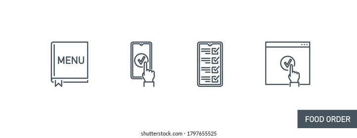 mobile app icons set online order and food delivery banner isolated on white. outline app symbols menu, check list, done, hand. Quality elements application menu on smartphone with editable Stroke