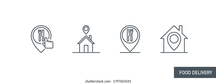 mobile app icons set online order and food delivery banner isolated on white. outline app symbols restaurant address location pointer cursor with knife fork and spoon. Quality elements editable Stroke