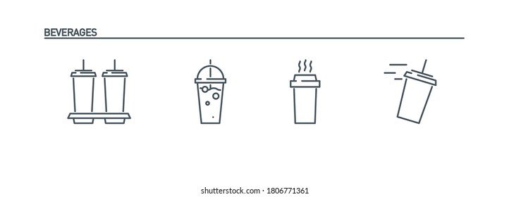 mobile app icons set online order and food delivery banner isolated on white. outline app symbols fast food: paper cup with coffee, cup with soda and cocktail. Quality elements with editable Stroke