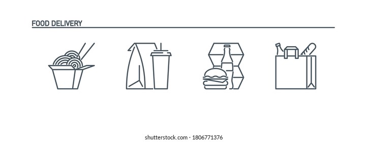 mobile app icons set online order and food delivery banner isolated on white. outline app symbols fast food, wok noodles, hamburger, drink, food in paper bag. Quality elements with editable Stroke