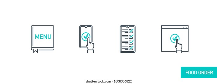 iconos de aplicaciones móviles establecen banner de pedido en línea y entrega de comida aislado en blanco. menú de símbolos de aplicación de esquema, lista de verificación, hecho, mano. Menú de aplicación de elementos de calidad en smartphone con Stroke modificable