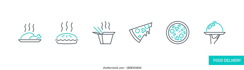 mobile app icons set online order and food delivery banner isolated on white. outline app symbols fast food: pizza, wok noodles in paper box, pie, chicken turkey. Quality elements with editable Stroke