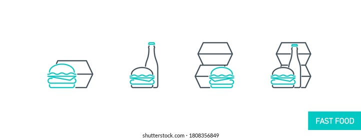 mobile app icons set online order and food delivery banner isolated on white. outline app symbols fast food: cheeseburger, hamburger, drink cola in glass bottle. Quality elements with editable Stroke