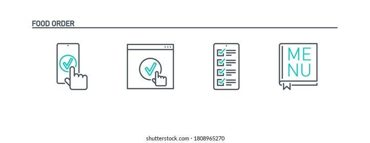 mobile app icons set online order and food delivery banner isolated on white. outline app symbols menu, check list, done, hand. Quality elements application menu on smartphone with editable Stroke