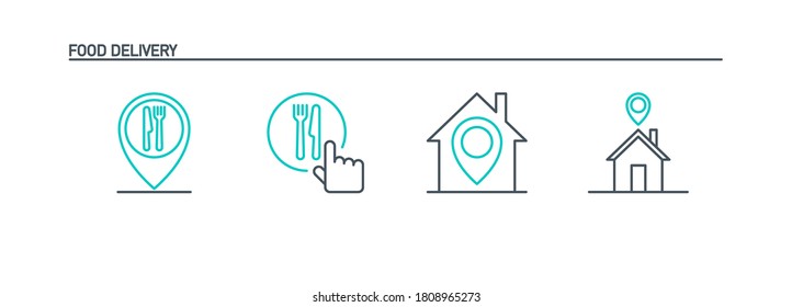 mobile app icons set online order and food delivery banner isolated on white. outline app symbols restaurant address location pointer cursor with knife fork and spoon. Quality elements editable Stroke