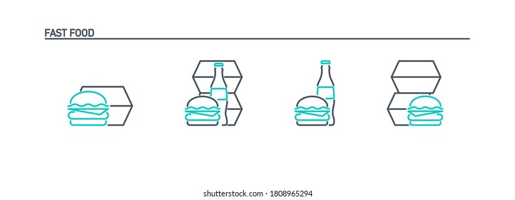 mobile app icons set online order and food delivery banner isolated on white. outline app symbols fast food: cheeseburger, hamburger, drink cola in glass bottle. Quality elements with editable Stroke