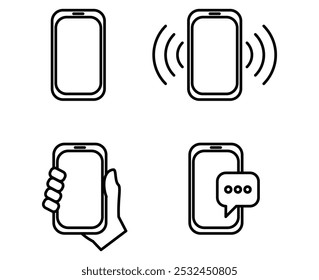 Iconos de App móvil o conjunto de iconos de teléfono inteligente que contienen vibración o timbre de teléfono móvil gadget de mano celular sosteniendo el teléfono celular