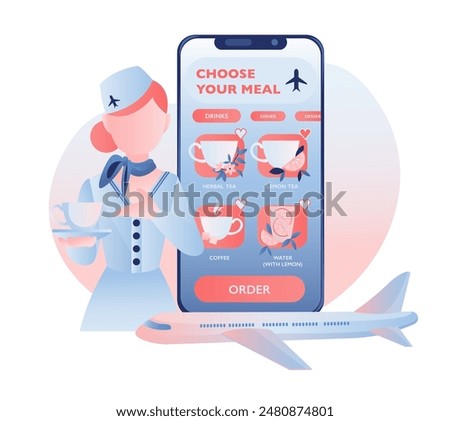 Mobile app for in-flight food orders: choose drinks, main courses, desserts and use the order button. In the background a flight attendant serves tea with a plane visible. Vector illustration.