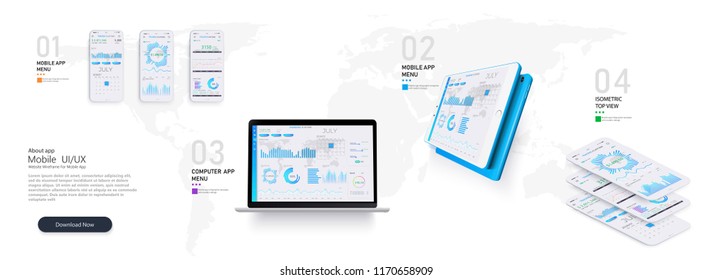 Plantilla de infografía de aplicación móvil con moderno diseño de estadísticas semanales y anuales.Estadísticas en línea y datos Analytics.Mercado monetario digital, inversión, finanzas y comercio. 